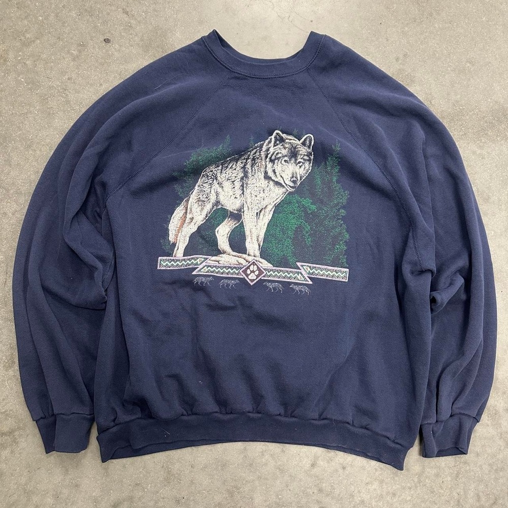 *SOLD* Vintage tultex 90s navy blue wolf graphic crewneck sweatshirt Siz [XXXL]